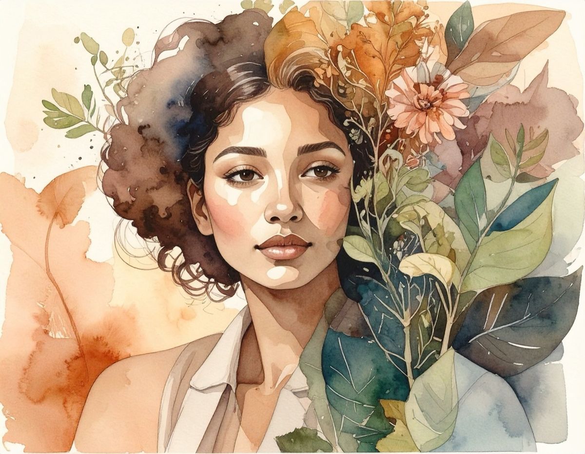 A watercolour portrait of a woman with flowers and leaves in her hair.