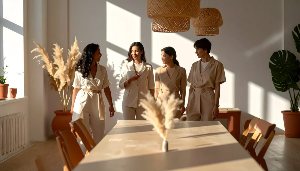 Four colleagues walking toward a long table set with dried grasses, the room bright with sun.