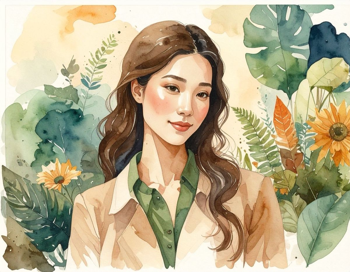 A watercolour portrait of a woman in a green shirt and camel jacket among leaves and sunflowers.