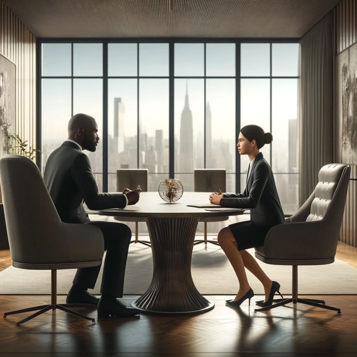 A man and a woman seated across a round table in a high office, the city pale behind the glass.