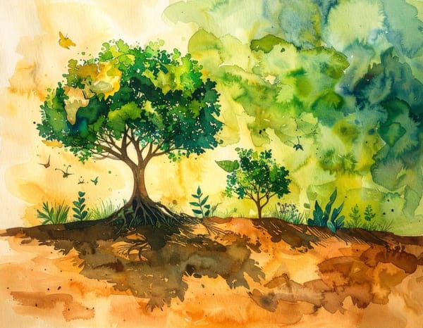 A watercolour of a single tree on orange ground, a young tree growing beside it.