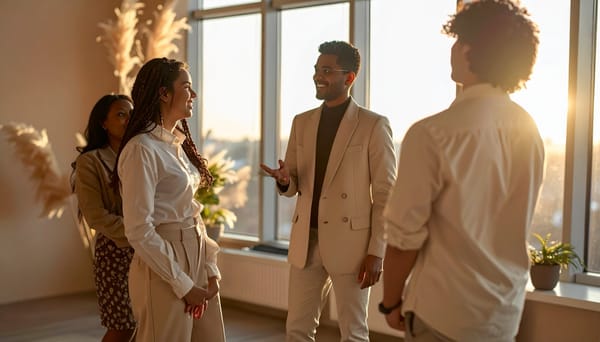Four people talking together by a tall window, the low sun behind them.