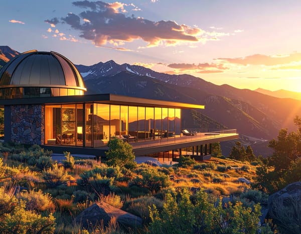 An observatory dome above a glass house on a hillside, the sun setting over the ridge.