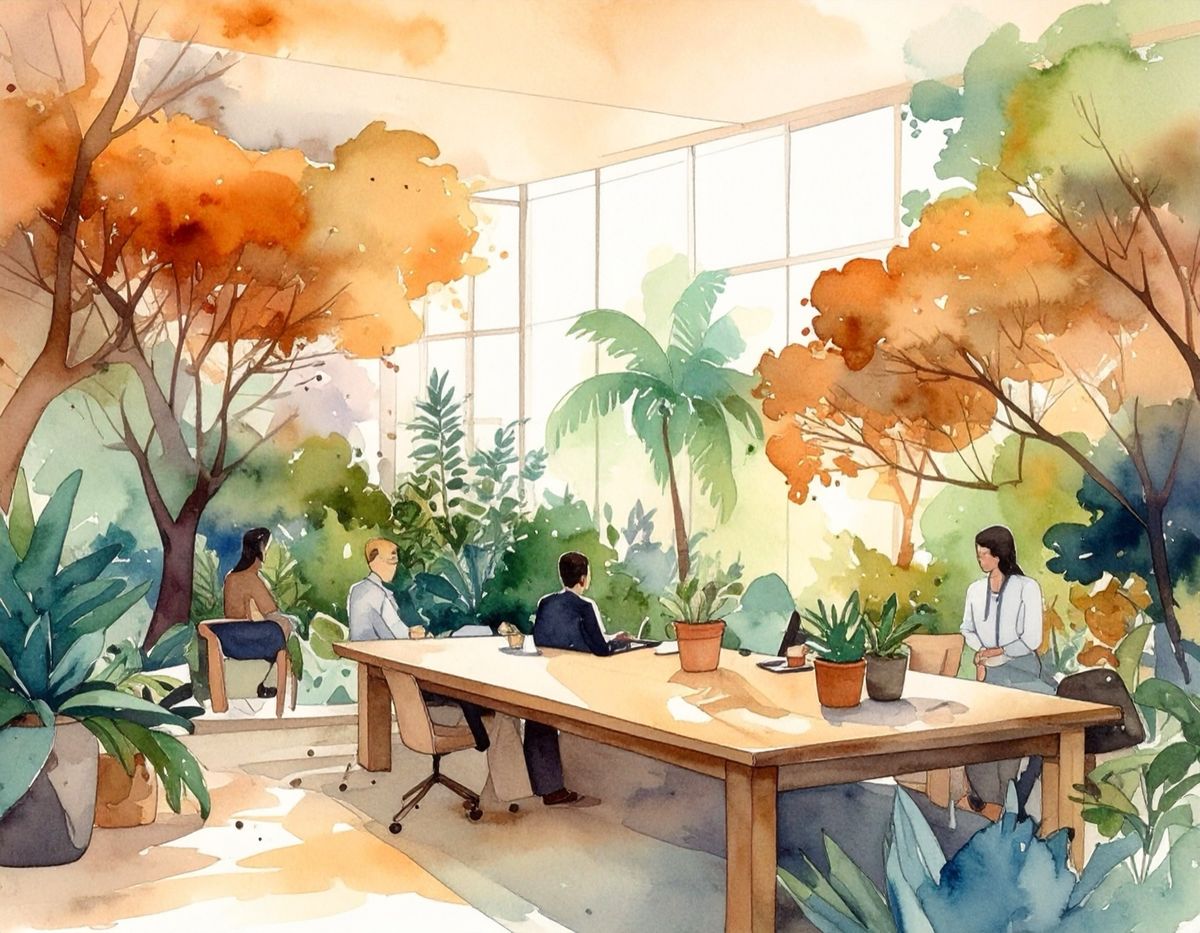 A watercolour of people working at a long wooden table inside a glasshouse full of autumn trees.