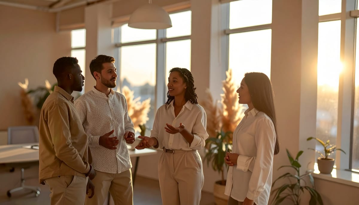 Four colleagues standing in conversation in a sunlit office, one gesturing as she speaks.