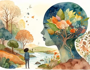 A watercolour of a head in profile filled with trees and flowers, a small figure walking toward a river beside it.