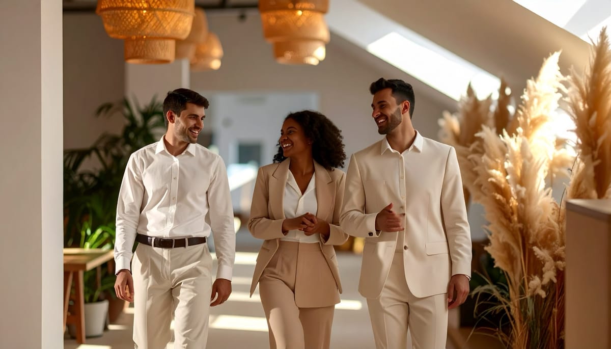Three colleagues walking together through a bright office of plants and dried grasses.