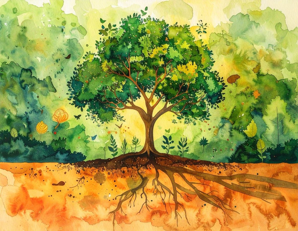 A watercolour of a broad tree with its roots reaching down into orange earth beneath a green canopy.