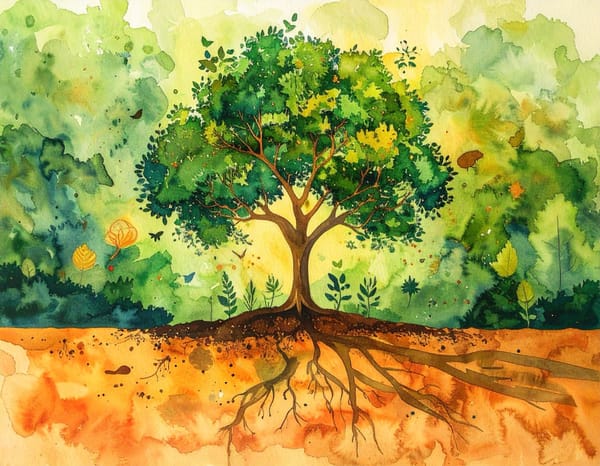 A watercolour of a broad tree with its roots reaching down into orange earth beneath a green canopy.