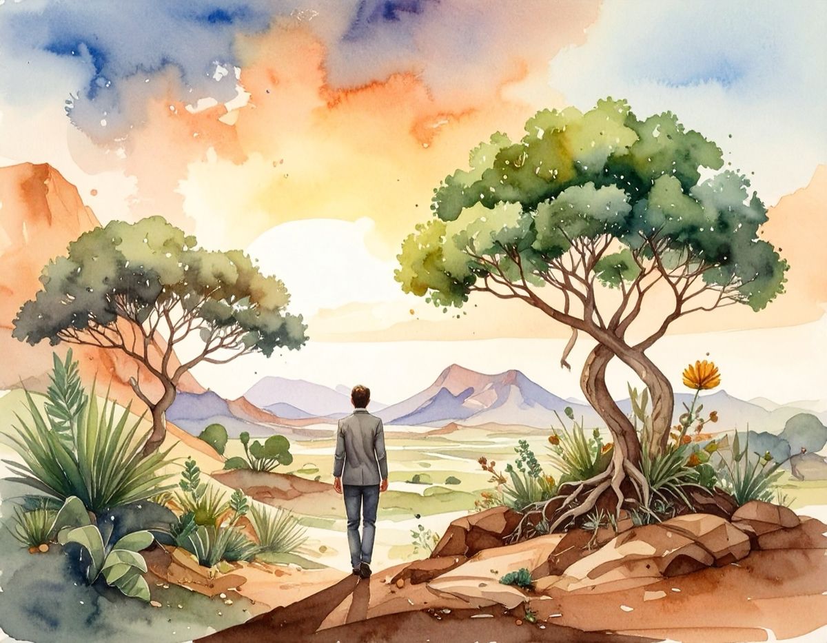 A watercolour of a man walking toward a great tree on red earth, a second tree and distant mountains beyond.