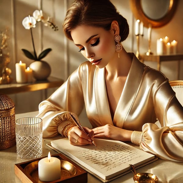 A woman in a cream silk robe writing by hand in a journal, candlelight and an orchid beside her.