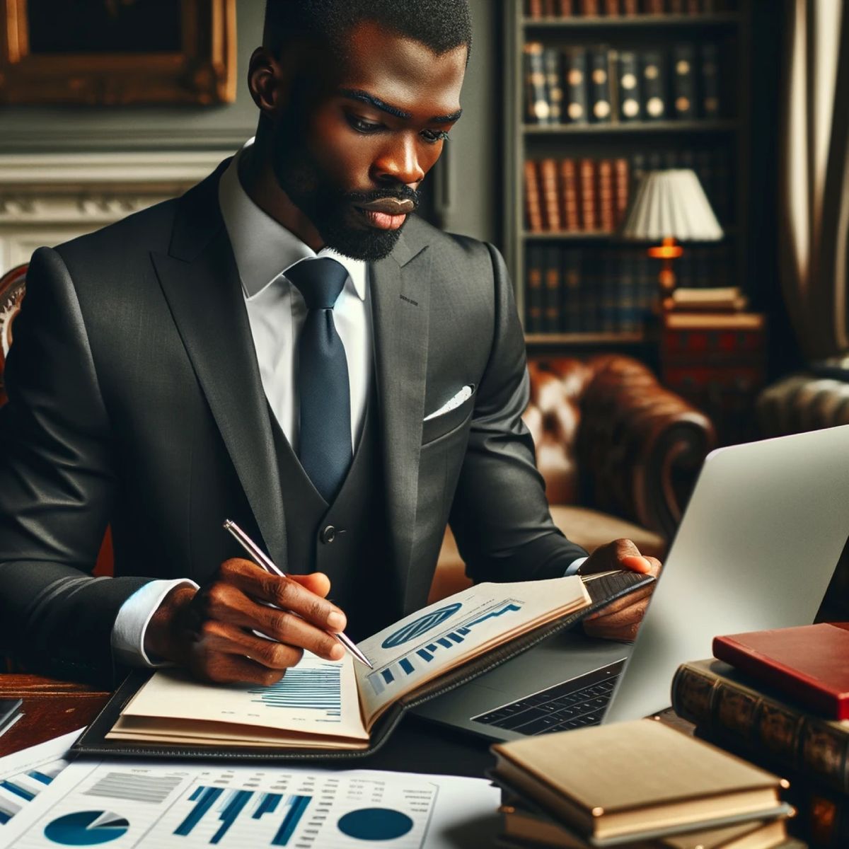 A man in a dark suit writing in a ledger beside printed charts, a library of books behind him.