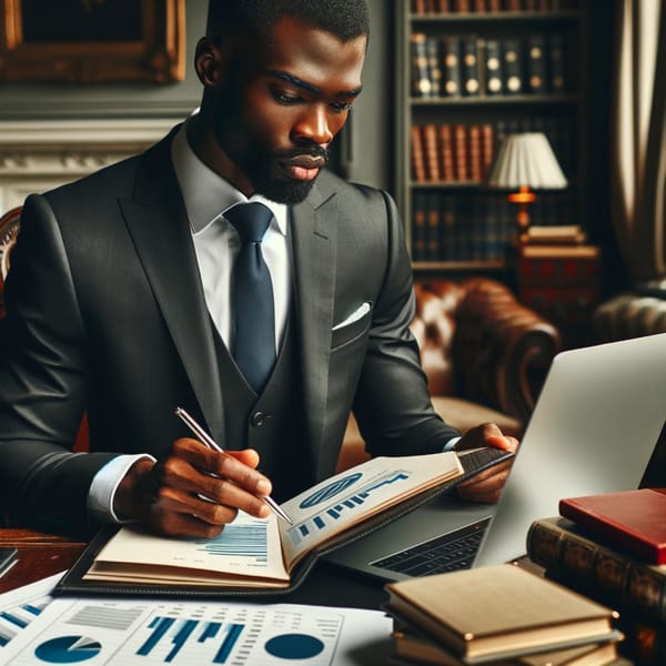 A man in a dark suit writing in a ledger beside printed charts, a library of books behind him.