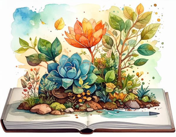 A watercolour of an open book with a garden growing out of its pages: succulents, a flowering stem and new leaves.