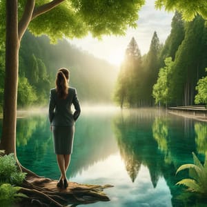 A woman in a dark suit standing at the edge of a still green lake, seen from behind, mist on the forest beyond.