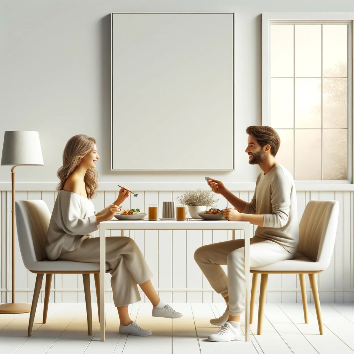 A woman and a man talking across a small white table over lunch, a bare wall and a bright window beside them.