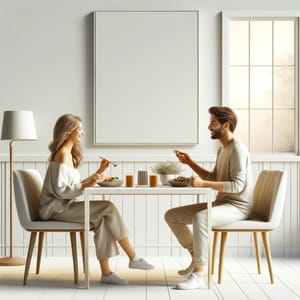 A woman and a man talking across a small white table over lunch, a bare wall and a bright window beside them.