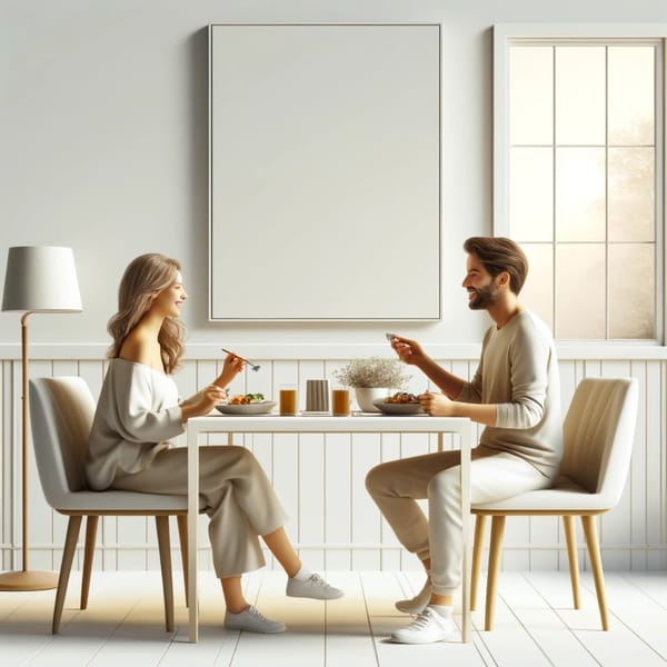 A woman and a man talking across a small white table over lunch, a bare wall and a bright window beside them.