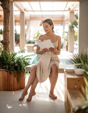 A woman reading on a bench under a pergola, plants around her and light through the slats.